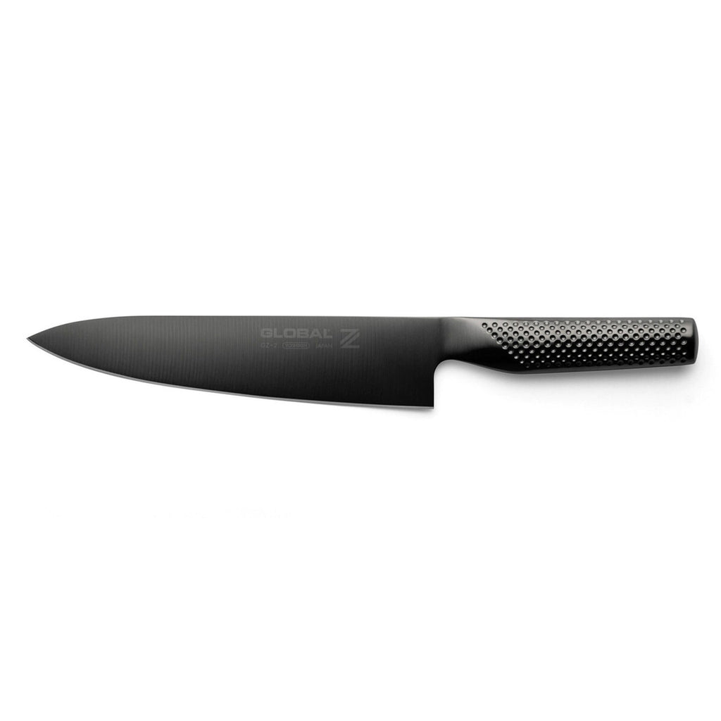 Black chef's knife with a brand logo on a white background