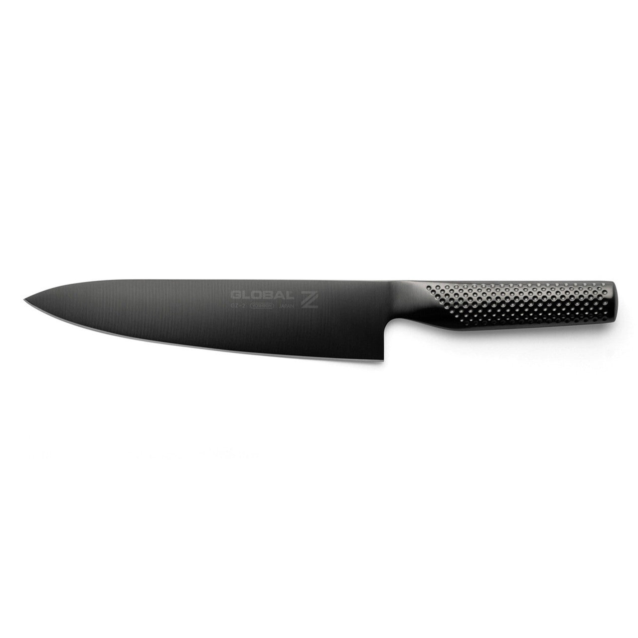 Black chef's knife with a brand logo on a white background
