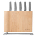 Set of knives in a wooden block with 'Global' branding on a white background