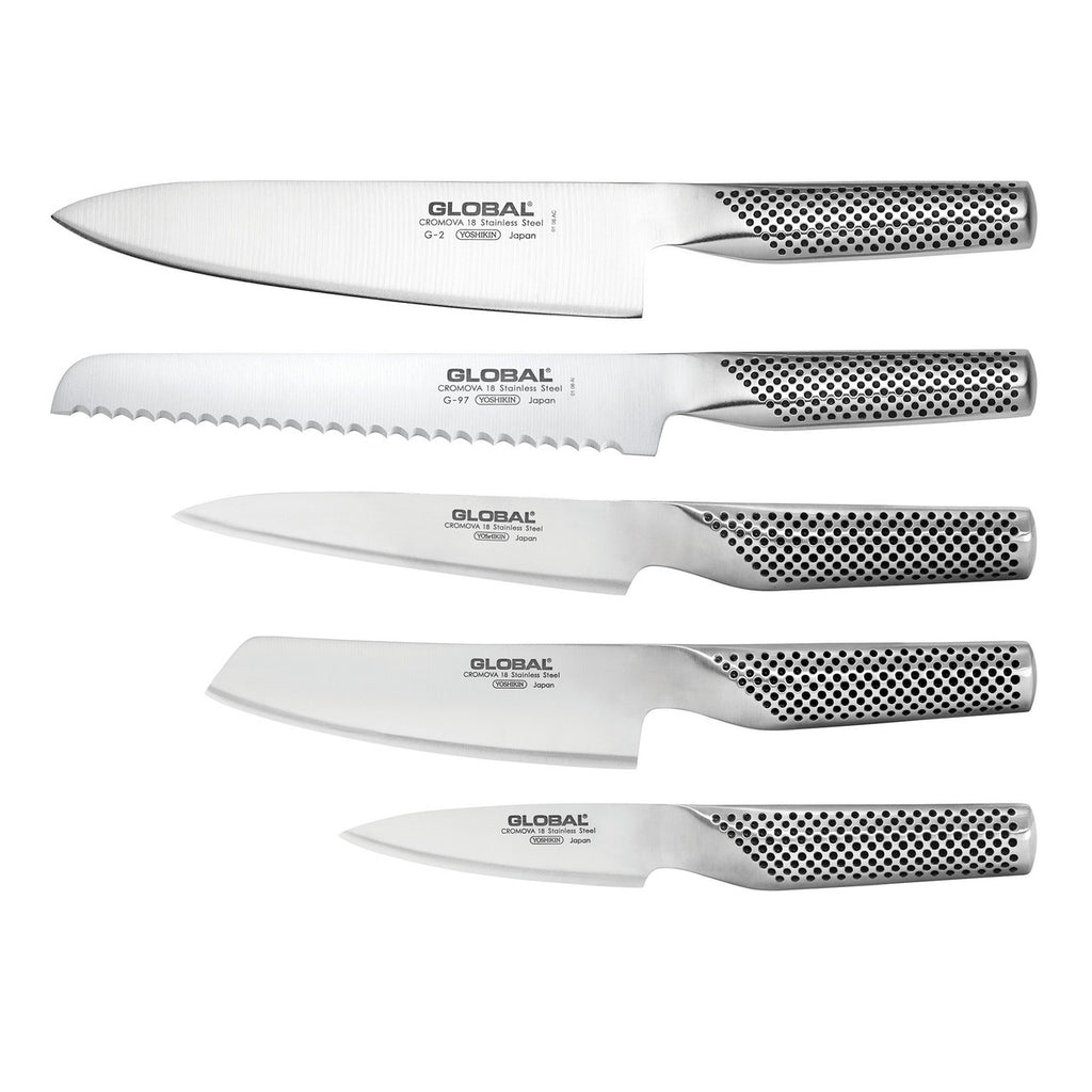 Set of five Global knives on a white background