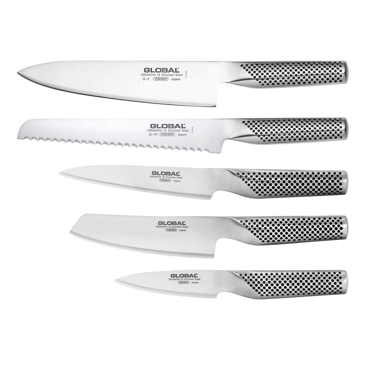 Set of five Global knives on a white background